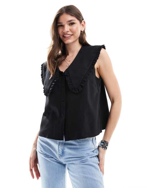 ASOS DESIGN - Top en lin à col oversize - Noir