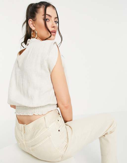 ASOS DESIGN - Top en lin avec col drapé - Taupe naturel, 2 de 4