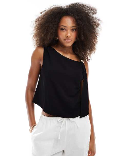 ASOS DESIGN - Top en lin mélangé avec détail fantaisie - Noir - view 1