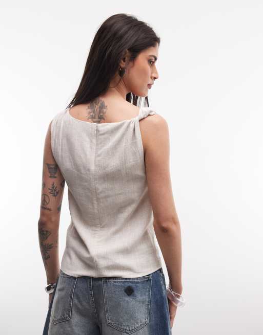 ASOS DESIGN - Top en lin mélangé torsadé sur l'épaule - Taupe, 4 de 4