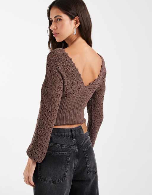ASOS DESIGN top en maille à décolleté plongeant cintré à manches longues en marron moka, 4 de 4
