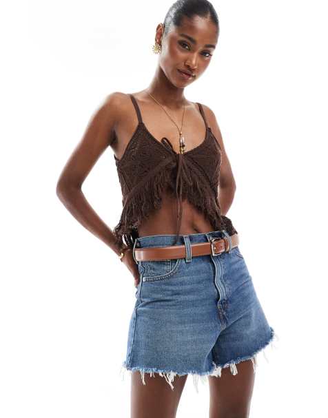 ASOS DESIGN - Top en maille au crochet noué au dos avec franges - Marron - view 1