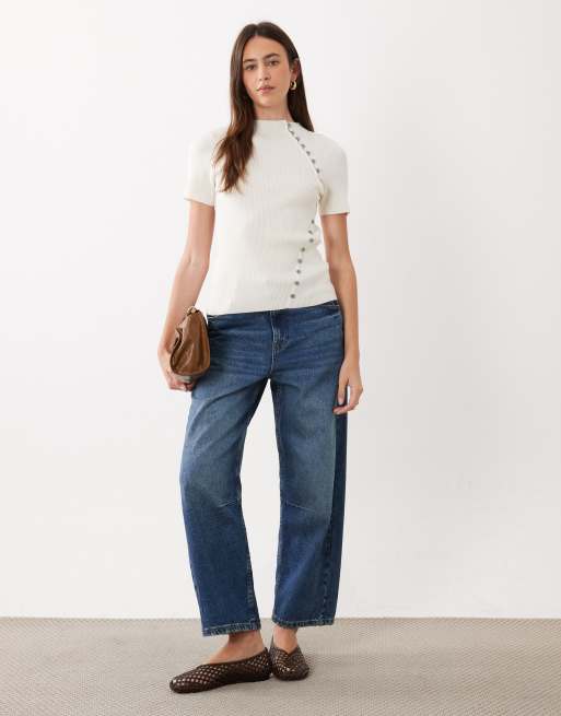 ASOS DESIGN top en maille côtelée à boutons et manches courtes couleur crème, 2 de 4