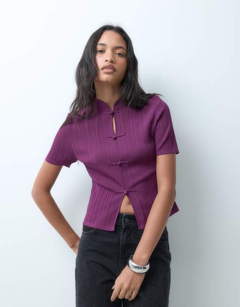 ASOS DESIGN - Top en maille côtelée à col mandarin - Prune - view 1