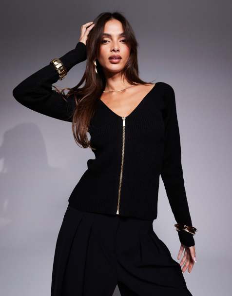 ASOS DESIGN - Top en maille côtelée à encolure Bardot et à fermeture éclair - Noir - view 1