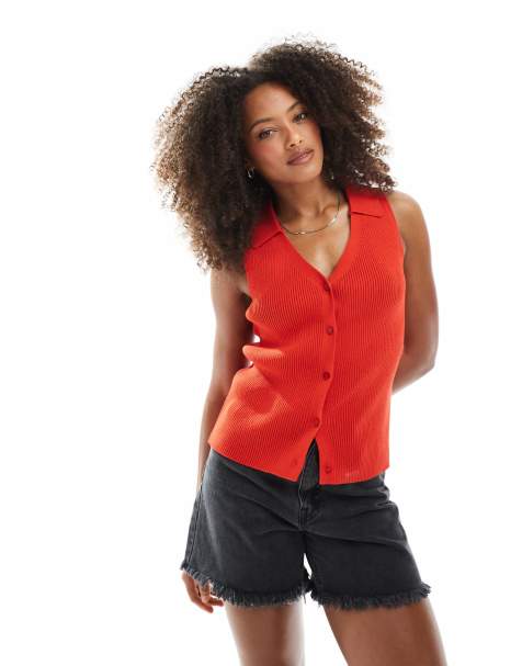 ASOS DESIGN - Top en maille côtelée avec col - Rouge - view 1
