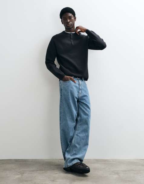 ASOS DESIGN top en maille coupe relaxed à col henley noir - view 1