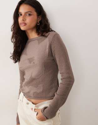 Top en maille fine à fleurs - Moka-Blanc S