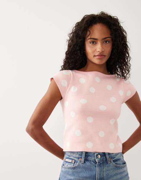 ASOS DESIGN - Top en maille fine à pois avec encolure bateau - Rose - view 1