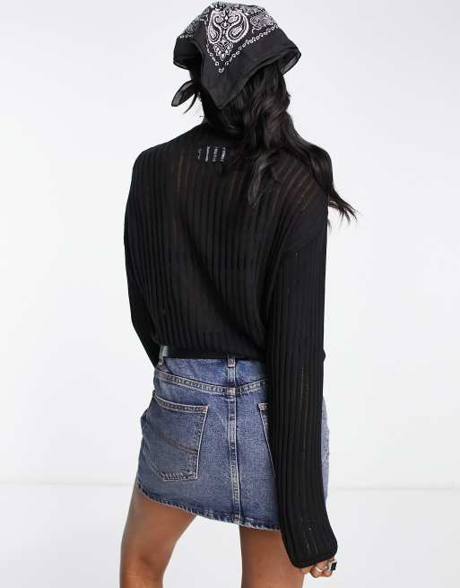 ASOS DESIGN - Top en maille fine côtelée effet échelle - Noir, 3 de 4