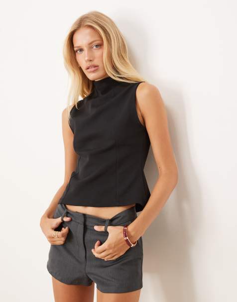ASOS DESIGN - Top en maille interlock à col montant - Noir - view 1