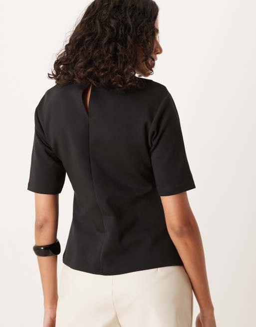 ASOS DESIGN - Top en maille interlock avec col montant et manches mi-longues - Noir, 2 de 4
