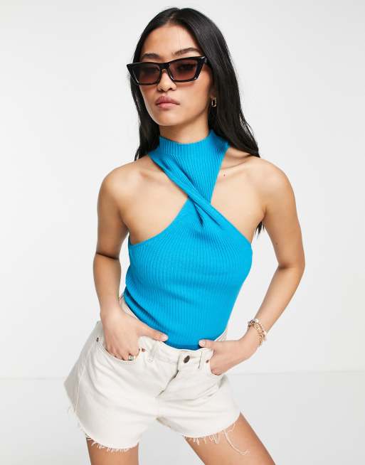ASOS DESIGN - Top en maille torsadé sur le devant - Bleu