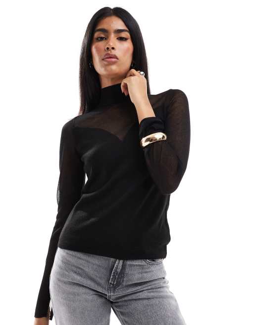 ASOS DESIGN - Top en maille unie et transparente à encolure en cœur - Noir