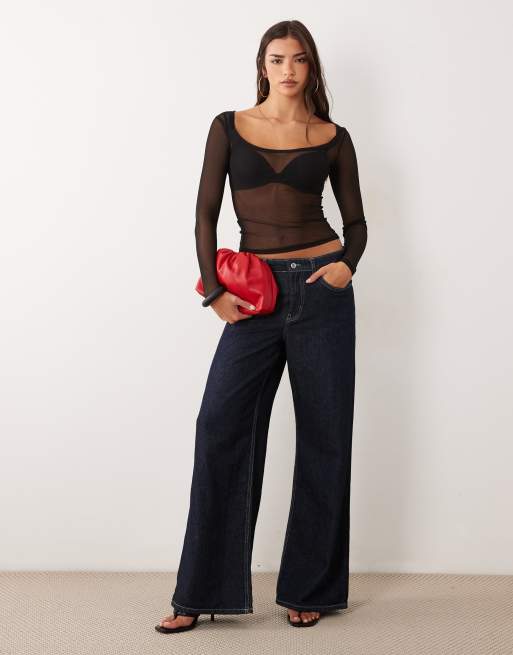 ASOS DESIGN top en mesh transparent à col rond large et manches longues, noir, 2 de 4