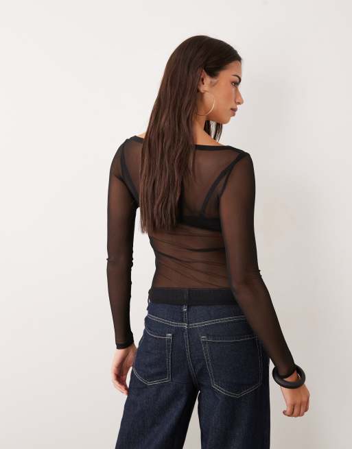 ASOS DESIGN top en mesh transparent à col rond large et manches longues, noir, 4 de 4