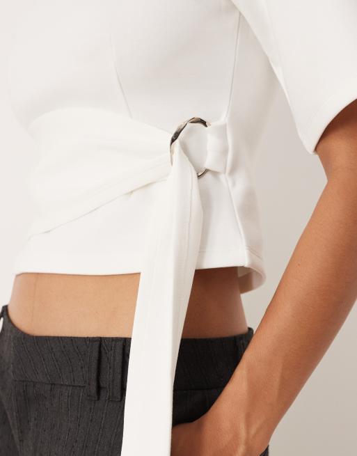 ASOS DESIGN - Top en point de Rome avec épaulettes avec lien à nouer à la taille - Ivoire, 3 de 4