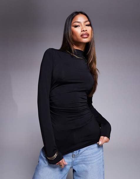 ASOS DESIGN - Top en polyamide à col montant et fronces sur les côtés - Noir - view 1
