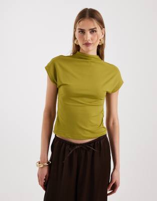 Top en polyamide à mancherons et col montant avec détail en métal au dos - Kaki-Vert S