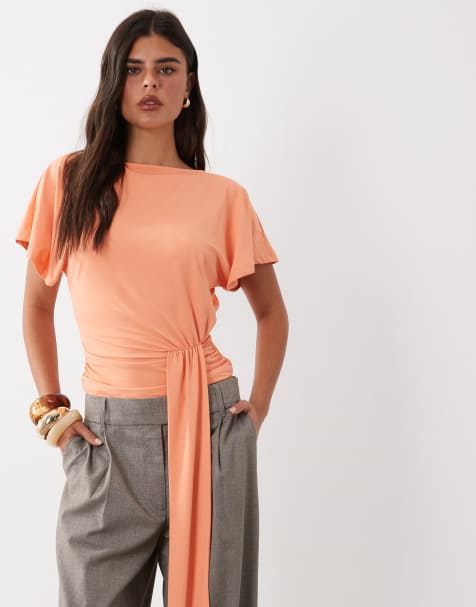 ASOS DESIGN top en polyamide à manches volantées et encolure bateau avec drapé, rose pêche - view 1