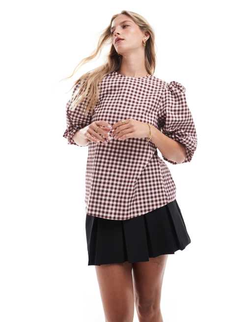 ASOS DESIGN - Top en popeline à carreaux vichy avec nœud contrastant au dos - Marron, 4 de 4