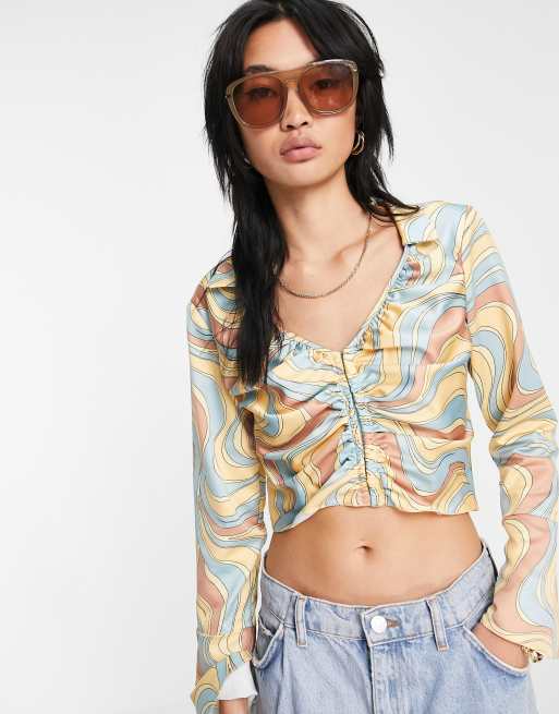 ASOS DESIGN - Top en satin froncé sur le devant à crochets et imprimé tourbillon, 3 de 4