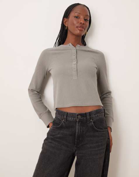 ASOS DESIGN - Top en tissu épais gaufré avec manches raglan et encolure boutonnée - Gris - view 1