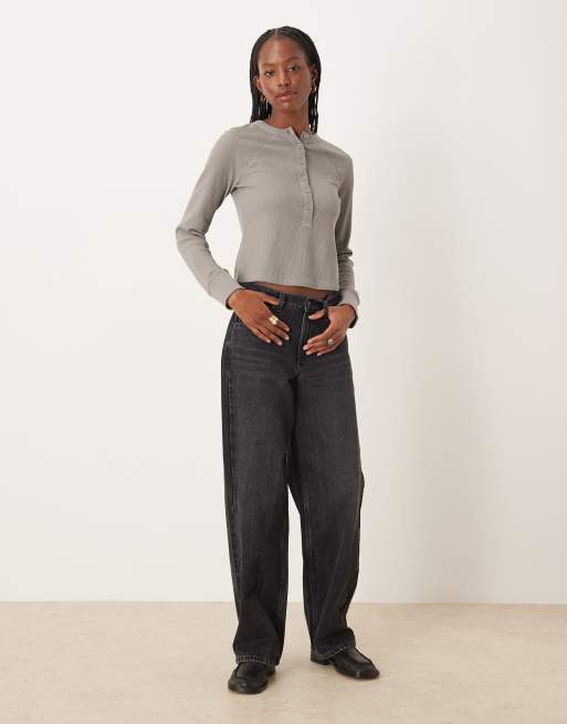 ASOS DESIGN - Top en tissu épais gaufré avec manches raglan et encolure boutonnée - Gris, 2 de 4