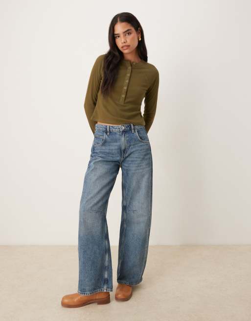 ASOS DESIGN - Top en tissu épais gaufré avec manches raglan et encolure boutonnée - Olive, 2 de 4