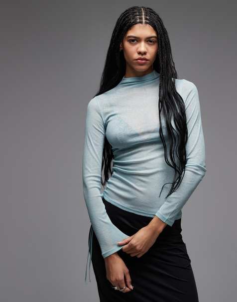 ASOS DESIGN - Top en tissu semi-transparent froncé à col montant et manches longues - Gris clair - view 1