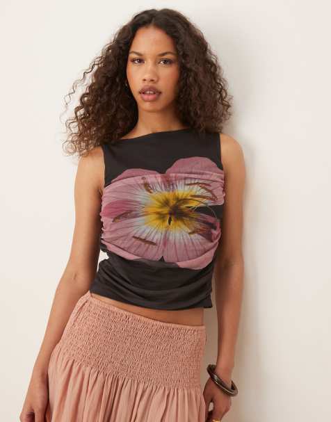 ASOS DESIGN - Top en tulle à encolure bateau et motif fleur positionné - Marron - view 1