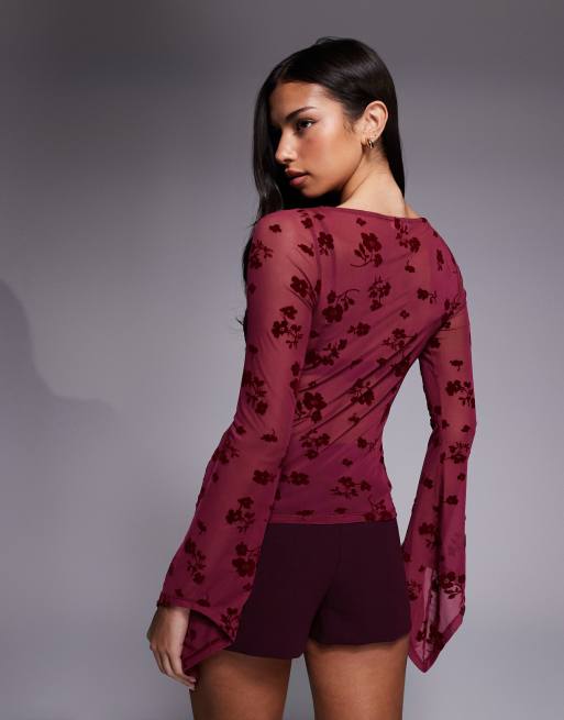 ASOS DESIGN - Top en tulle à manches ange et motif fleuri floqué - Rouge, 3 de 4