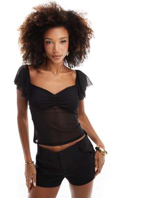 ASOS DESIGN - Top en tulle à manches ange - Noir