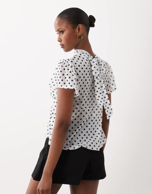 ASOS DESIGN - Top en tulle à manches évasées et liens au dos - Noir et blanc à pois, 4 de 4