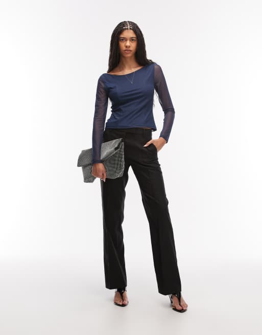 ASOS DESIGN - Top en tulle à manches longues et encolure bateau - Bleu marine, 2 de 4