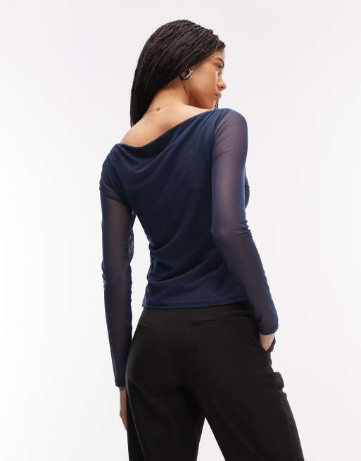 ASOS DESIGN - Top en tulle à manches longues et encolure bateau - Bleu marine, 4 de 4