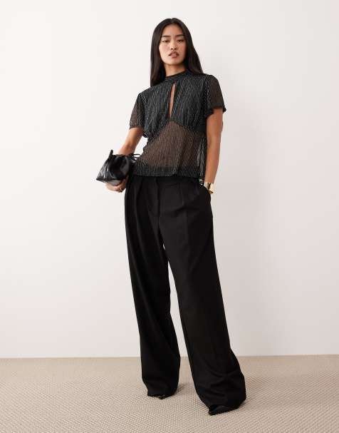 ASOS DESIGN - Top en tulle à rayures métallisées avec manches évasées et liens au dos - Noir - view 1