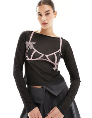 ASOS DESIGN slash neck mesh top with bow bra graphic in black - ASOS Price Checker
