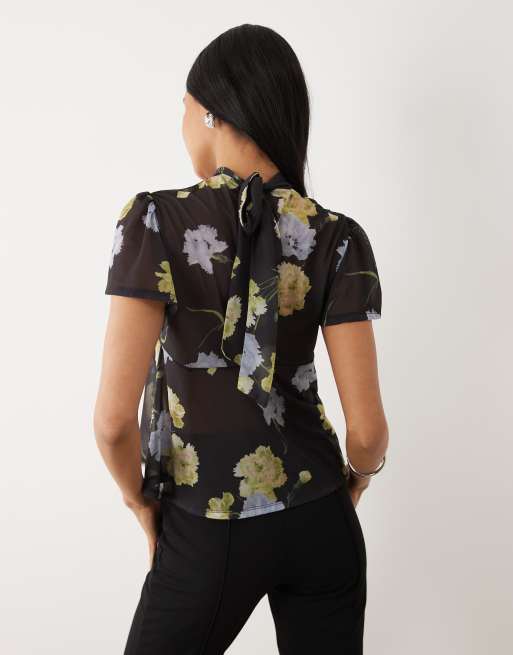 ASOS DESIGN - Top en tulle fluide à manches évasées et liens au dos - Imprimé fleuri, 4 de 4