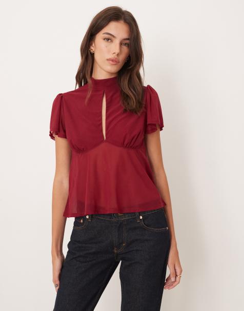 ASOS DESIGN - Top en tulle fluide à manches évasées et liens au dos - Rouge - view 1