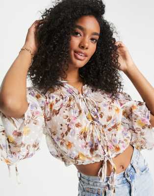 ASOS DESIGN - Top en tulle plumetis à manches longues avec lien sur le devant et imprimé floral ton sur ton 