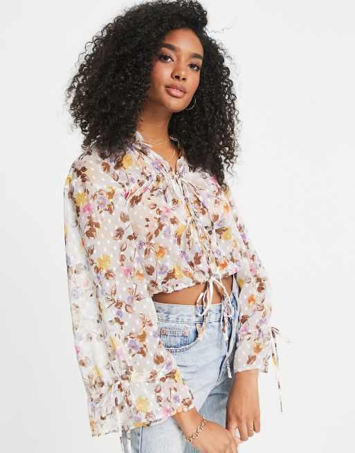 ASOS DESIGN Top en tulle plumetis à manches longues avec lien - Main Image