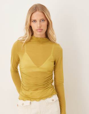 Top en tulle semi-transparent à col montant et manches longues - Chartreuse-Vert XS