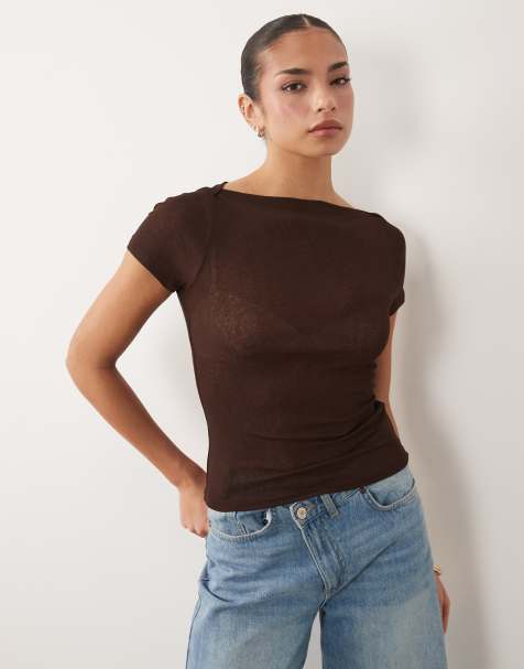 ASOS DESIGN - Top en tulle texturé à manches courtes et encolure bateau - Marron - view 1