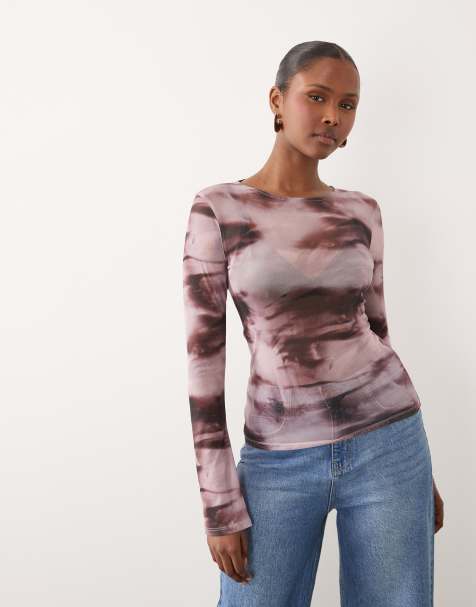 ASOS DESIGN - Top en tulle transparent à manches longues évasées et imprimé abstrait - Rose - view 1
