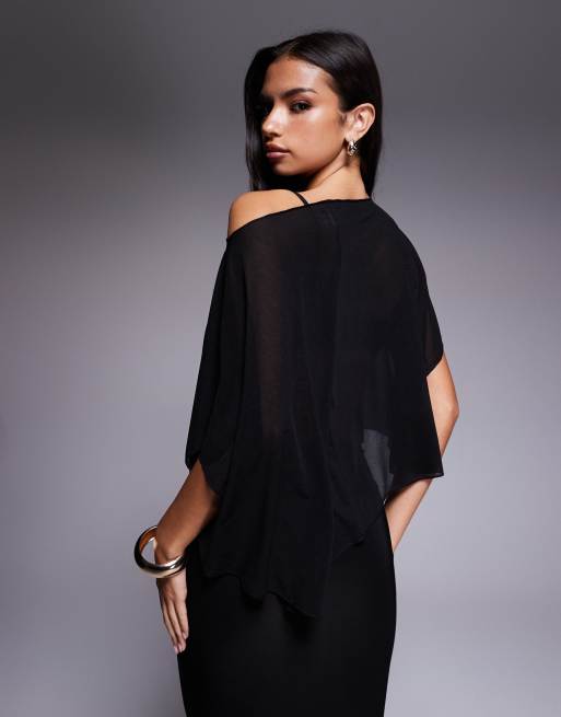 ASOS DESIGN - Top en tulle transparent avec détail cape fluide et asymétrique - Noir, 3 de 4