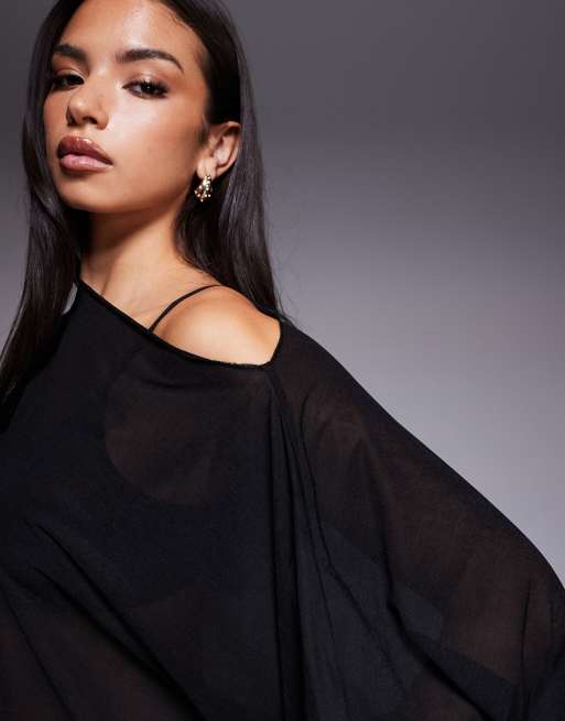 ASOS DESIGN - Top en tulle transparent avec détail cape fluide et asymétrique - Noir, 4 de 4