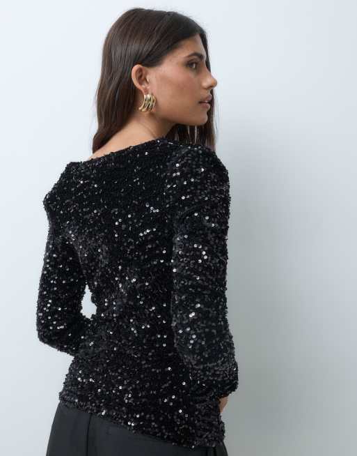 ASOS DESIGN top en velours à sequins, décolleté plongeant, drapé, avec épaulettes, noir, 5 de 5