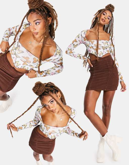 ASOS DESIGN - Top encolure carrée à coutures apparentes et motif papillons