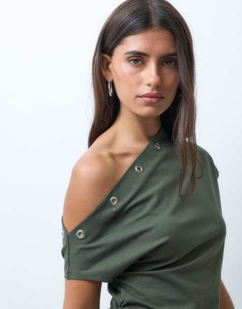 ASOS DESIGN - Top épaules dénudées en polyamide avec œillets - Kaki - view 1